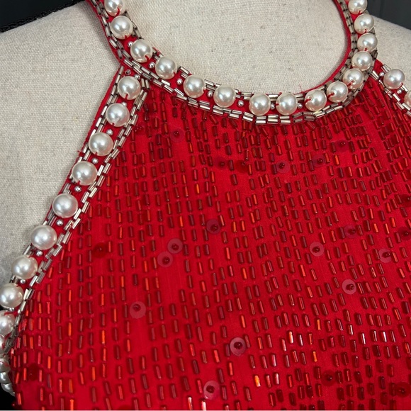 Vintage 80s Red Silk Beaded Pearl Oleg Cassini Black Tie Cocktail Dress Glam 2 - Picture 10 of 11